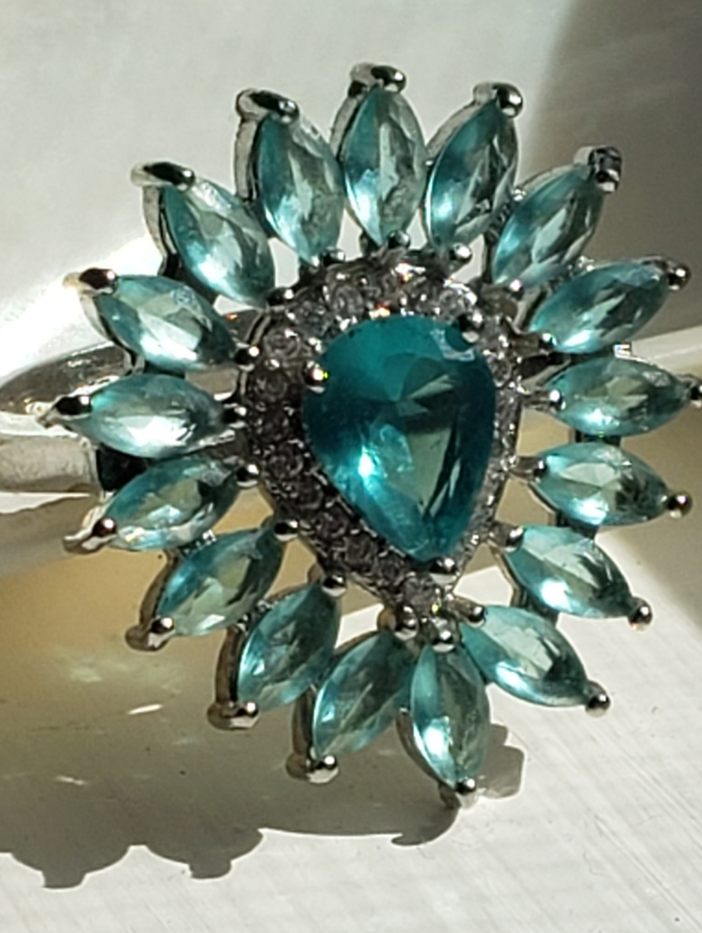 NEW Aquamarine Stamped 925 Ring Sz 7-Teardrop Aquamarine & 17 Surrounding Stones